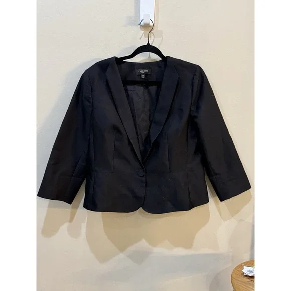 Talbots Black Silk Cotton 3/4 Sleeve Blazer Size 14 Petite Cropped Career - Picture 2 of 12